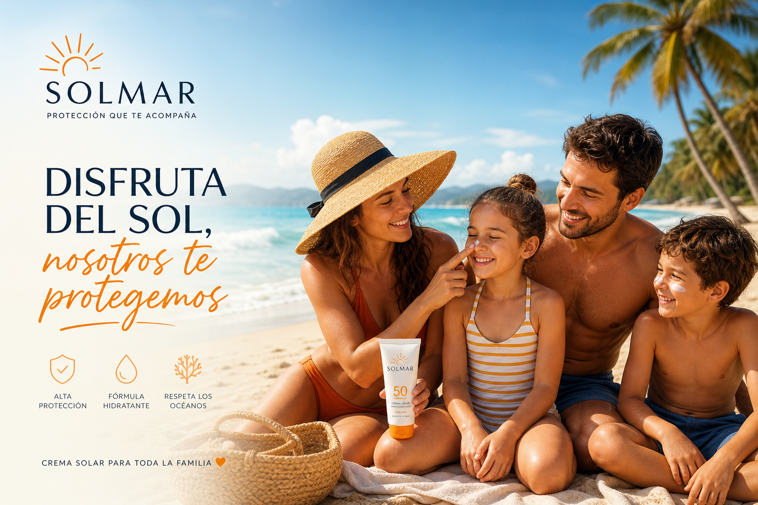 Familia disfrutando en la playa con protección solar
